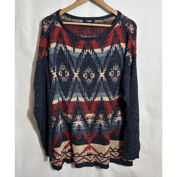 Chaps Womens Southwestern Knit Sweater L Blue Red 100% Cotton Aztec - Picture 2 of 6